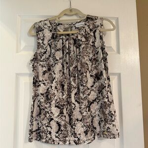 Calvin Klein Snake Skin brown and white sleeveless pleat neck cami blouse.